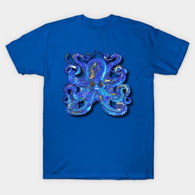 Psychedelic Colorful Blue Octopus With Brown Eyes T-Shirt by HumusInPita